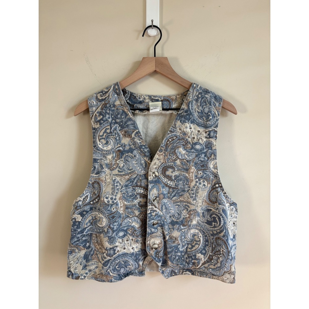 Vintage Vivaldi Jeanswear Paisley Vest Blue Tan Cotton Made in USA M